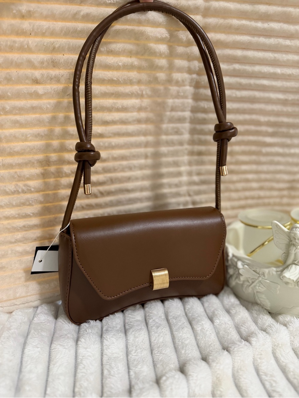 Brown Knotted-Strap Shoulder Bag with Gold Accent